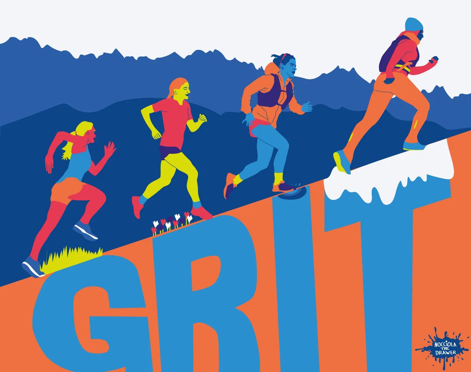 Grit, illustration of runners climbing a mountain