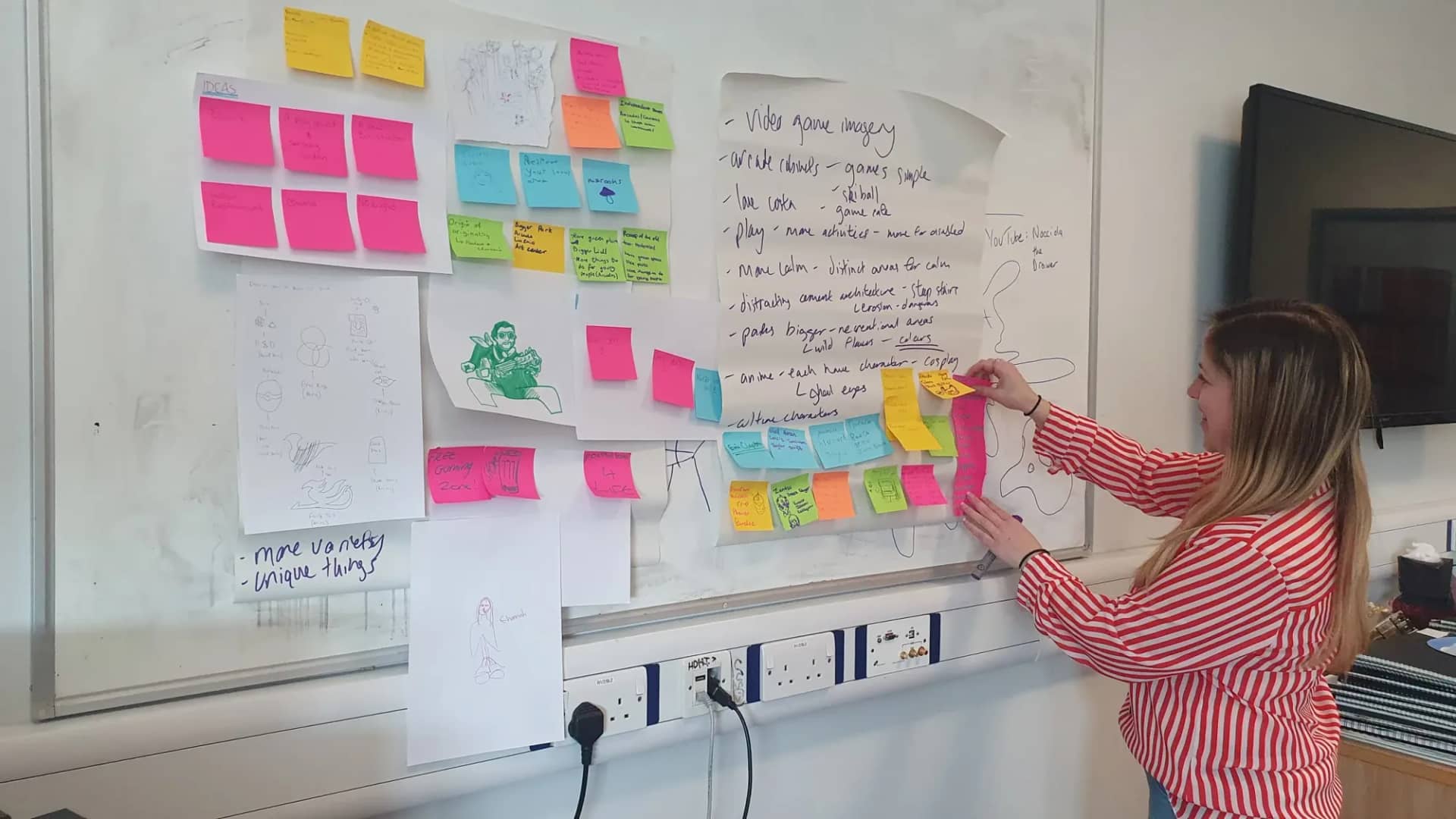 A workshop wall covered in sticky notes and sketches